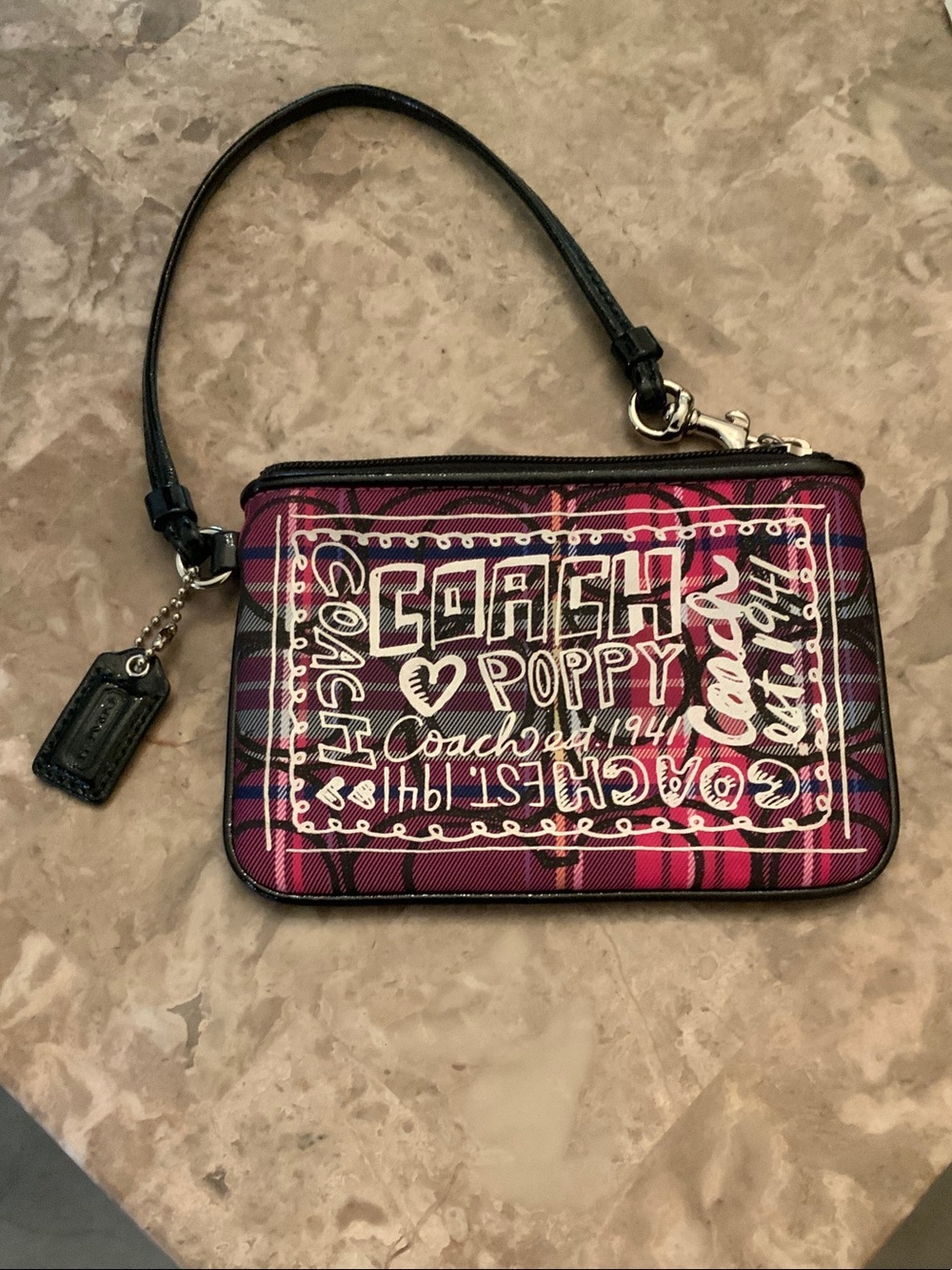 Coach Poppy Pink Plaid Graphic Wristlet GUC - Picture 5 of 15